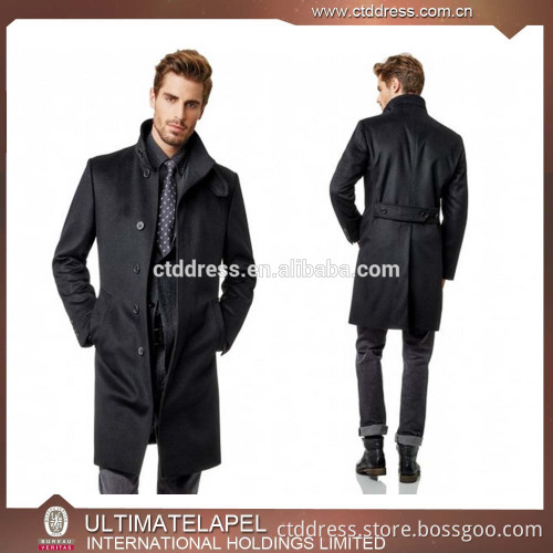 Latest style stand collar black custom tailored overcoat
